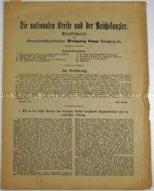 Sonderdruck mit der "Denkschrift" von Generallandschaftsdirektor Kapp aus Königsberg zur Kritik an der Politik der Reichsregierung