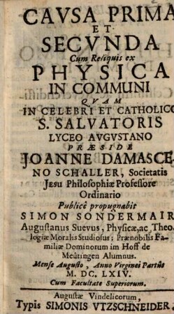 Cavsa Prima Et Secunda Cum Reliquis Ex Physica In Communi