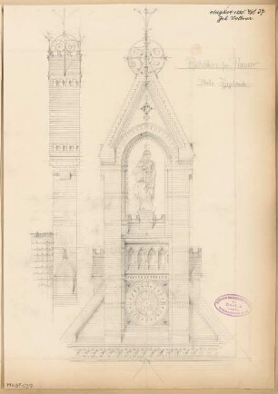 Rathaus, Nauen Monatskonkurrenz August 1885: Aufriss Vorderansicht und Seitenansicht des Giebels