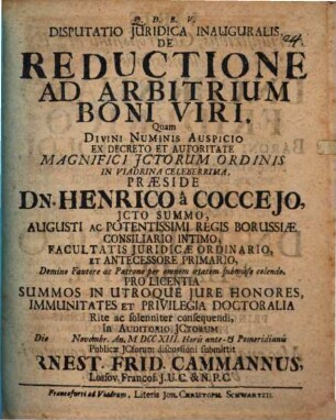 Disputatio Juridica Inauguralis De Reductione Ad Arbitrium Boni Viri