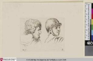 Zwei Kopfstudien; Mann mit lockigem Haar und junger Soldat mit Helm
