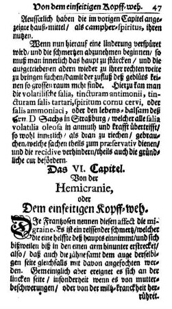 Das VI. Capitel. Von der Hemicranie, oder Dem einseitigen Kopff-weh.