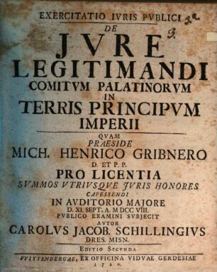 Exercitatio Ivris Pvblici De Jvre Legitimandi Comitvm Palatinorvm In Terris Principvm Imperii