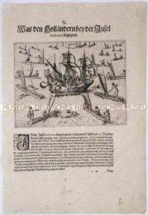 Was den Holländern bei der Insel Ladrones begegnete - Tafel 84 aus de Bry, Amerika II