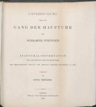 Untersuchung über den Gang der Hauptuhr der Bothkamper Sternwarte