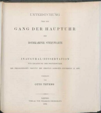 Untersuchung über den Gang der Hauptuhr der Bothkamper Sternwarte