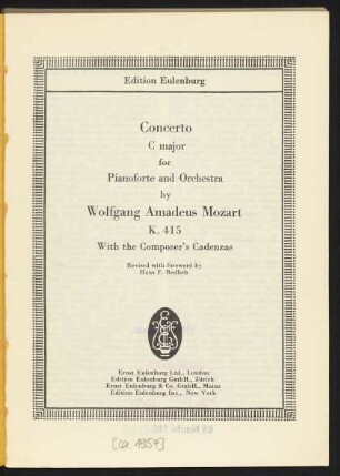 Concerto C major : for pianoforte and orchestra : K. 415