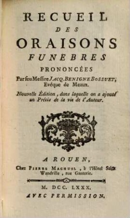 Recueil Des Oraisons Funebres