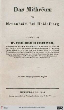 Das Mithrēum von Neuenheim bei Heidelberg : mit zwei lithographischen Tafeln