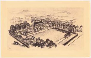 Garten am Landhaus Massolle, Berlin-Kladow: (Lichtpause von Inv.-Nr. 41230): Perspektivische Ansicht (Vogelschau) vom Garten mit Wohnhaus