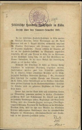 Städtische Handels-Hochschule in Köln. Bericht ... / 1901, Sommersemester