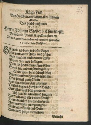 Klag-Lied Bey Hochbetrawrlichem aber seeligem Ableiben Des hochberühmten Musici Herrn Johann Stoboei/ Churfürstl. Brandenb. Preuss. Capellmeistern etc. : ... 1646. 14. Herbstm.