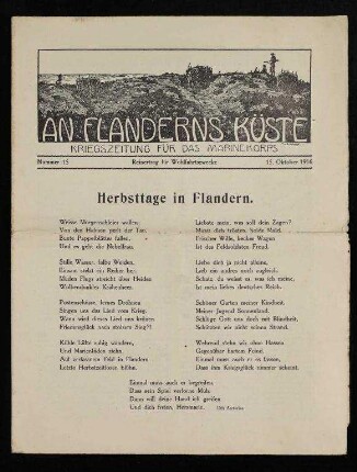 An Flanderns Küste, Kriegszeitung für das Marinekorps, Nummer 15, 15. Oktober 1916 - Herbsttage in Flandern
