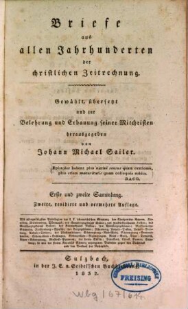 Johann Michael Sailer's sämmtliche Werke, 10. Theologische Schriften: Briefe aus allen Jahrhunderten der christlichen Zeitrechnung : 1. und 2. Sammlung
