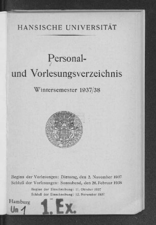 WS 1937/38: Personal- und Vorlesungsverzeichnis // Hamburgische Universität