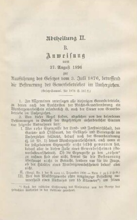 B. Anweisung vom 27. August 1896 zur Ausführung des Gesetzes vom 3. Juli 1876, betreffend die Besteuerung des Gewerbebetriebes im Umherziehen