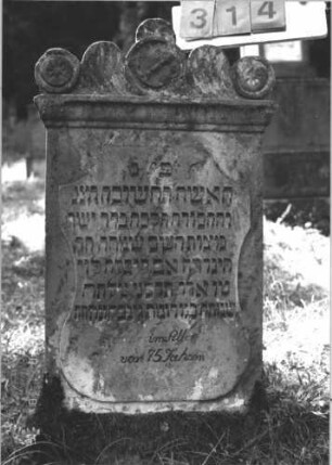 Grabstein 314 (Index: 100106829) Material: Sandstein Zustand: verwittert Maße HxBxT: 112x61x14 cm Beschreibung: Stele mit Abdeckplatte und Wellenaufsatz, Schriftfeld plakettenförmig erhaben: Grabstein 314