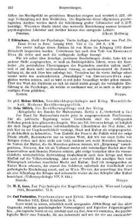 222-223, M. E. Gans. Zur Psychologie der Begriffsmetaphysik. 1914 / Carl Furtmüller. Psychoanalyse und Ethik. Eine vorläufige Untersuchung. 1912