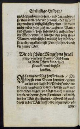 Wie die schöne Magelona herab stieg/ von dem Baum/ Und kame da sie die Pferdt fand/ löset sie auff/ unnd ließ sie lauffen.