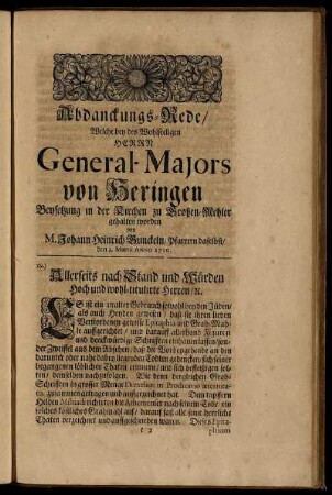 Abdanckungs-Rede/ ... General-Majors von Heringen Beysetzung in der Kirchen zu Großen-Mehler ...