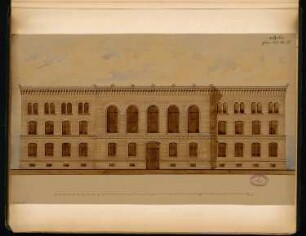 Knabenschule, Eilenburg Monatskonkurrenz Juni 1881: Aufriss Straßenansicht Dorotheenstraße; Maßstabsleiste