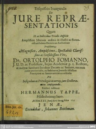 Disquisitio Inauguralis De Jure Repraesentationis