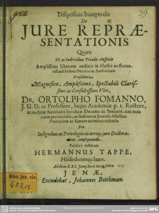 Disquisitio Inauguralis De Jure Repraesentationis
