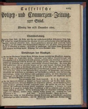 53tes Stück. Montag, den 28ten December 1807