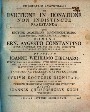 Dissertatio Inavgvralis de evictione in donatione non indistincte praestanda