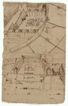 Allendorf, Entwürfe für ein Schloss an der Nikolaikirche (recto) und am Hospital (verso, unten), Brief von L. Lucanus (verso, oben)