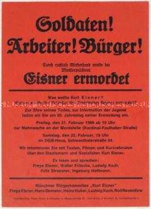 Flugblatt mit dem Aufruf zu Gedenkveranstaltungen anlässlich des Jahrestages der Ermordung von Kurt Eisner