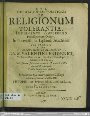 Disputationem politicam de religionum tolerantia