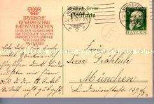Postkarte mit Werbung zur Bayrischen Gewerbeschau 1912 in München; Nürnberg, 24. März 1912