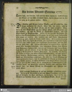 Am dritten Advents-Sonntage 1777