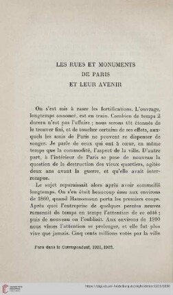 Les rues et monuments de Paris et leur avenir