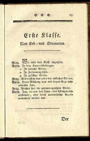 Erste Klasse. Von Erd = und Steinarten.