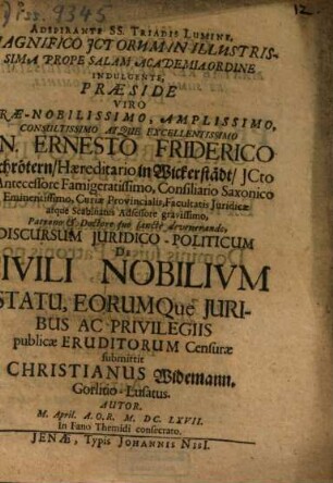 Discursum iuridico-politicum de civili nobilium statu, eorumque iuribus ac privilegiis