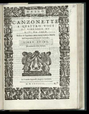 Vincenzo Neriti da Salo: Canzonette a quattro voci ... Libro primo. Basso