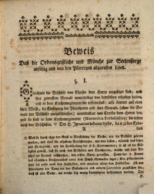 Beweis daß die Ordensgeistlichen und Mönche zur Seelensorge unfähig, und von den Pfarreyen abzurufen seyen