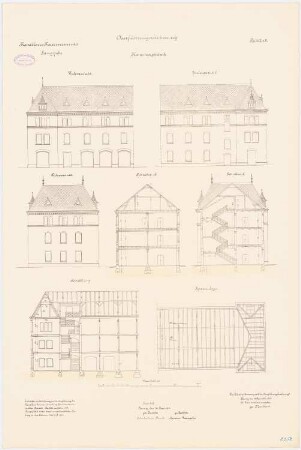 Kavallerie Kasernement II, Danzig-Langfuhr Kammergebäude: Sparrenlage, Querschnitte, Längsschnitt, Vorderansicht, Seitenansicht, Hinteransicht 1:100