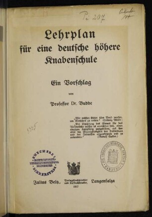 Lehrplan für eine deutsche höhere Knabenschule : ein Vorschlag