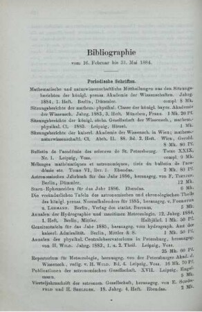 Bibliographie vom 16. Februar bis 31. Mai 1884.