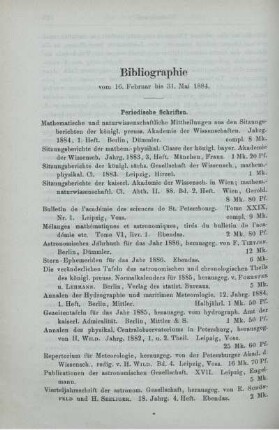Bibliographie vom 16. Februar bis 31. Mai 1884.