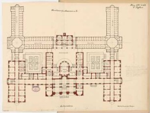Kurhaus und Badeanlage, Hamm Monatskonkurrenz März 1882: Grundriss Erdgeschoss; Maßstabsleiste, Ergänzungstext