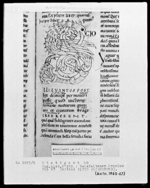 Orosius, Historiarum libri septem adversos paganos — Initiale S (cio aliguantos) aus einem Drachen, Folio 63recto