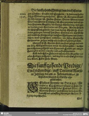 Die fünfftzehende Predigt, Ein Leichpredigt, auff Doctoris Martini Jahrtag, der am 18. Februarii im 46. zu Eißleben seliglich in Christo eingeschlaffen