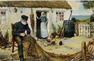 Fischer der Isle of Man beim Netze flicken