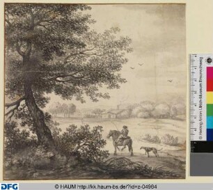 Reiter mit Hund in einer Baumlandschaft