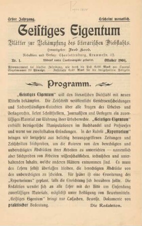 Nummer 1. Oktober 1904