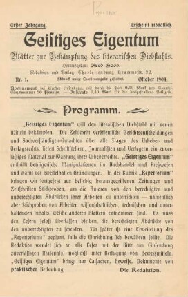 Nummer 1. Oktober 1904